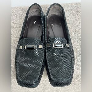 Stuart Weitzman Leather Snakeskin Square Toe Loafers Onyx Silver Buckle 7.5 M